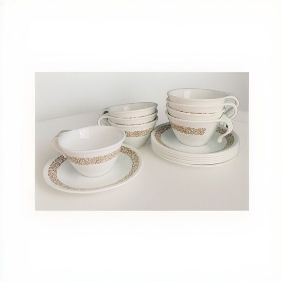 Set of 8 Corelle Woodland Brown Coffee Cups Saucers Open Handled Vintage Corning - Picture 1 of 11